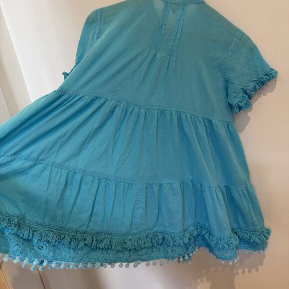 Antica Sartoria By Giacomo Cinque Blouse Size 12 Blue Lace Pom Poms Ruffle Swing - Picture 7 of 14